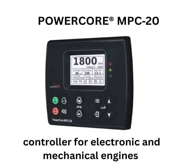 Image of the Powercore MPC-20 controller designed for managing electronic and mechanical engines with a sleek interface